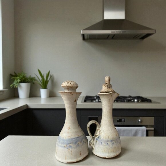 Handmade Stoneware Oil & Vinegar Cruet Set Rustic Pottery Ceramic Kitchen Decor - Picture 1 of 8